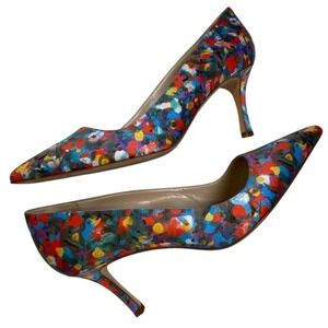 Manolo Blahnik Multicolor Floral Print Satin Pointed Toe Pumps Heels Size 39.5